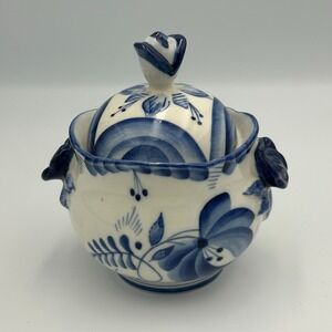 Russian GZHEL Porcelain Blue White Sugar Candy Bowl Lid Vintage Handmade Painted